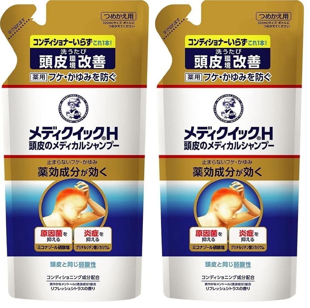 Mentholatum Mediquick H Medicated Scalp Shampoo, Refreshing Type for a Sticky Scalp, Prevents Dandruff and Itching, Menthol Citrus Scent, 280 mL Refill, 1 or 2 Pouches