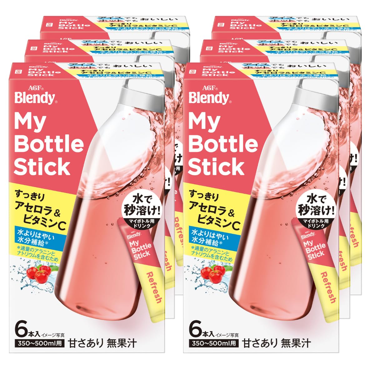 AGF Blendy My Bottle Stick Drink Powder, Refreshing Lemon Or Acerola With Vitamin C, 6 Boxes Of 6 Sticks