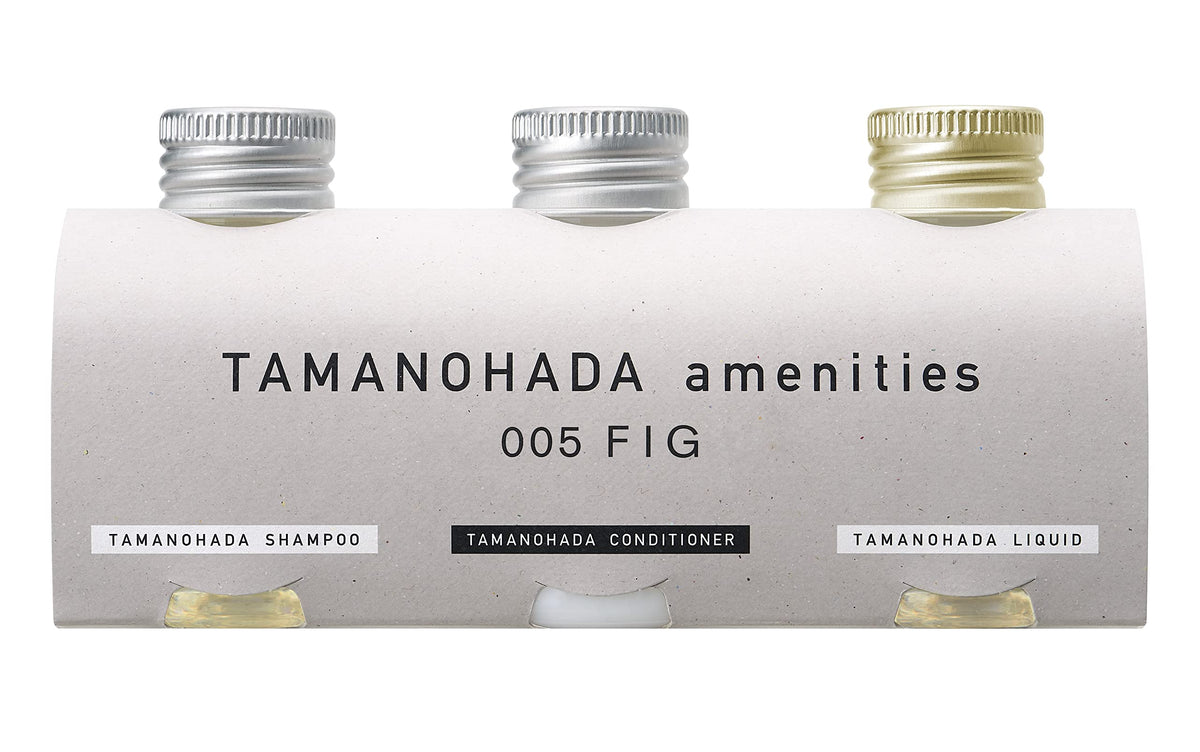 Amenities Travel Set 005 Fig, Shampoo, Conditioner and Body and Hand Liquid Soap in Three 80 mL Bottles with Aluminium Caps, Fig Fragrance, Made in Japan