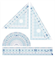 Raymay Fujii Ruler Set APJ409, 15 cm Straight Ruler, Two Set Squares and Protractor in a Case, 100% Recycled PET Resin, Clear, 170 x 75 x 5 mm