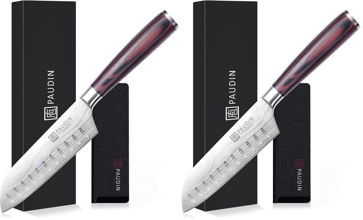 PAUDIN Small Santoku Knife 130 mm, 5Cr15Mov Stainless, Etched Pattern, Wood Handle, 1 or 2 Knives