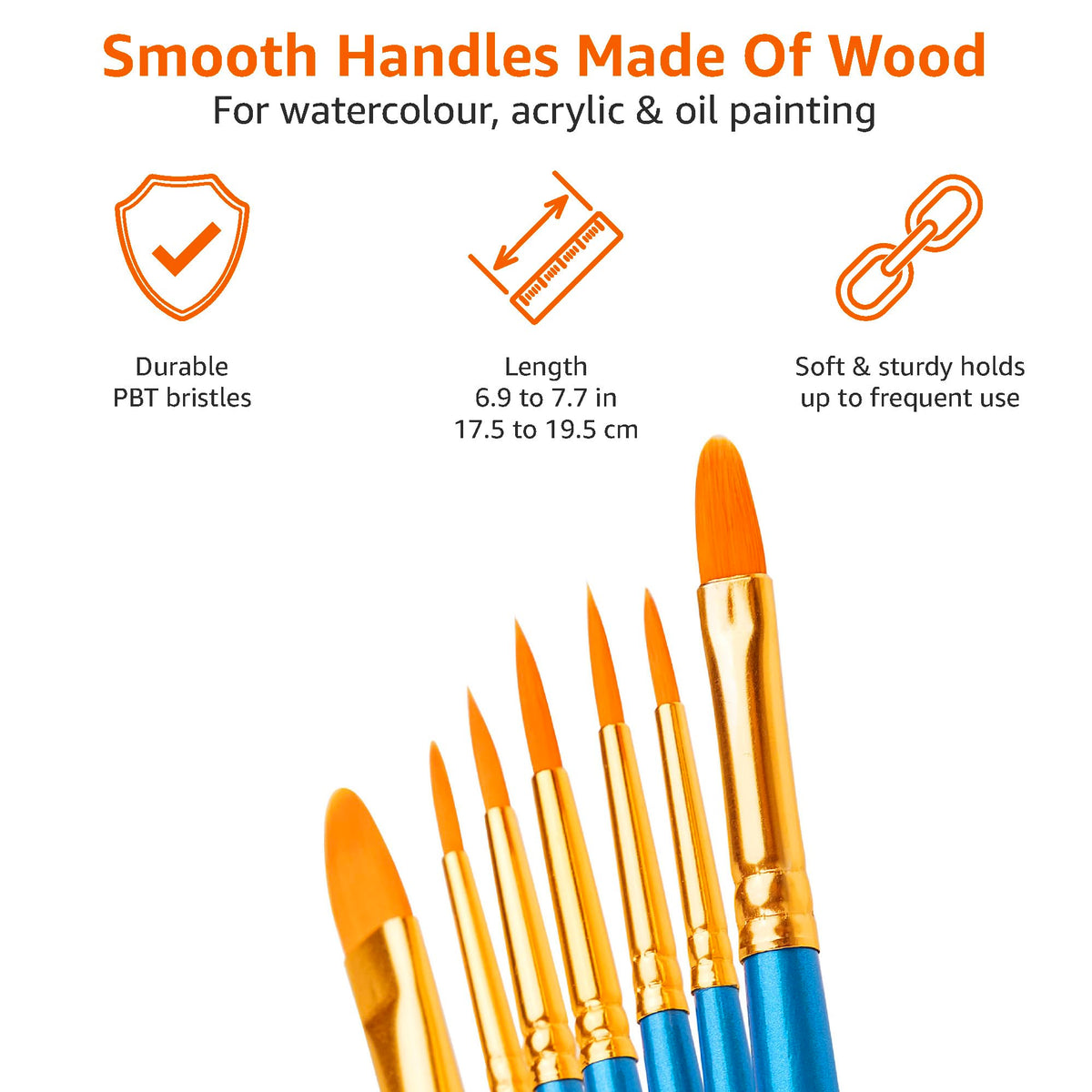 Amazon Basics Paint Brush Set of 10, Blue Wooden Handles with Soft PBT Bristles in Round, Filbert, Flat and Liner Shapes, 17.5 to 19.5 cm, for Watercolour, Acrylic and Oil