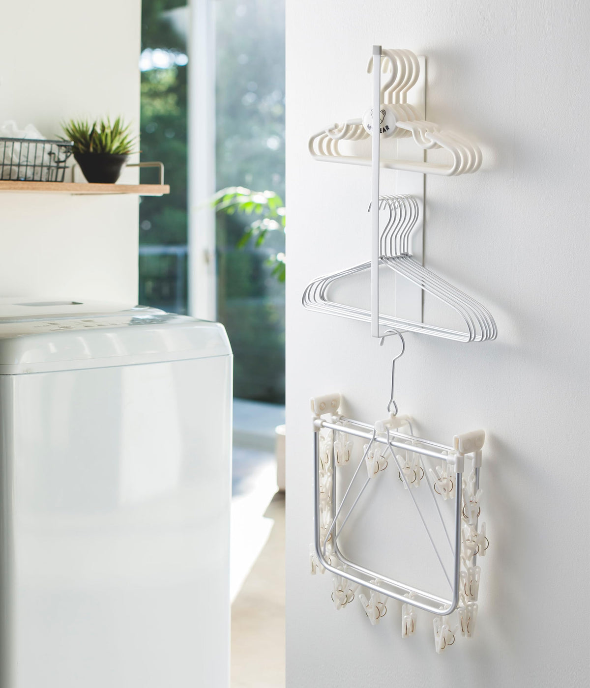 Yamazaki Plate Magnetic Laundry Hanger Rack, Slim Steel Rack for Hangers and Bath Cleaning Tools, 6 x 8.5 x 46 cm, White