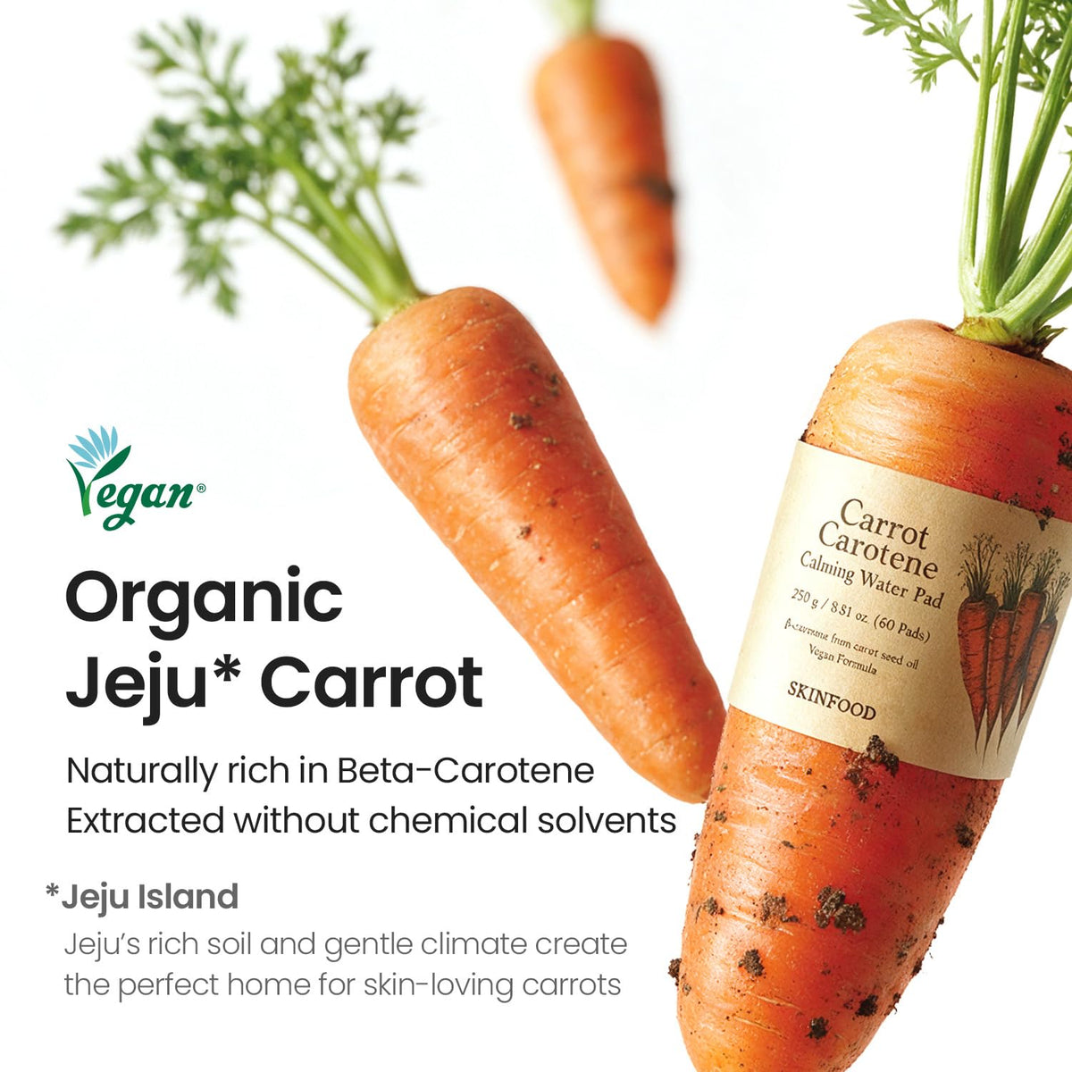Skinfood Carrot Carotene Calming Water Pad, Thick Cotton Toner Pads with Carrot Seed Oil and Panthenol, 60 Pads, 250 g