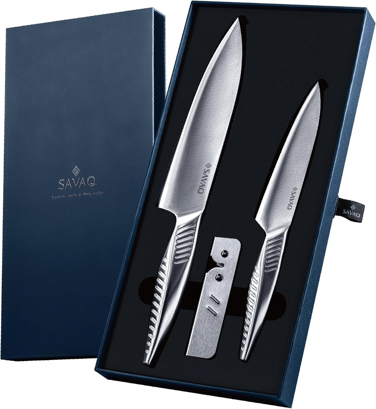 SAVAQ Santoku, Petty Knife And Ceramic Sharpener 3-Piece Set