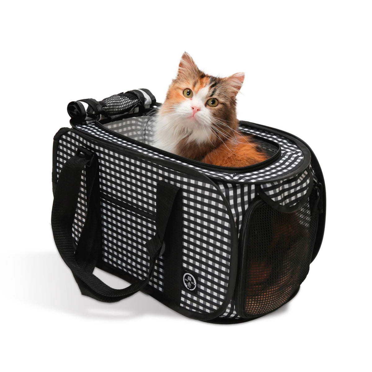Necoichi Portable Carrier for Cats, Black Gingham Foldable Carry Bag 46 x 25 x 25 cm, About 800 g, up to 6 kg, with Calming Net, Two Openings and Locking Zips