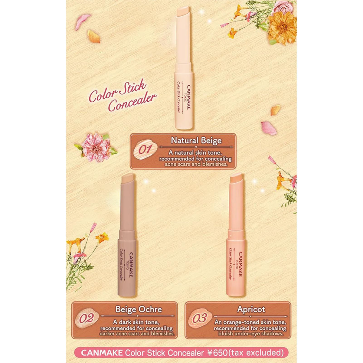 Canmake Color Stick Concealer, Smooth High-Coverage Concealer Stick for Blemishes and Under-Eye Shadows, 1.9 g