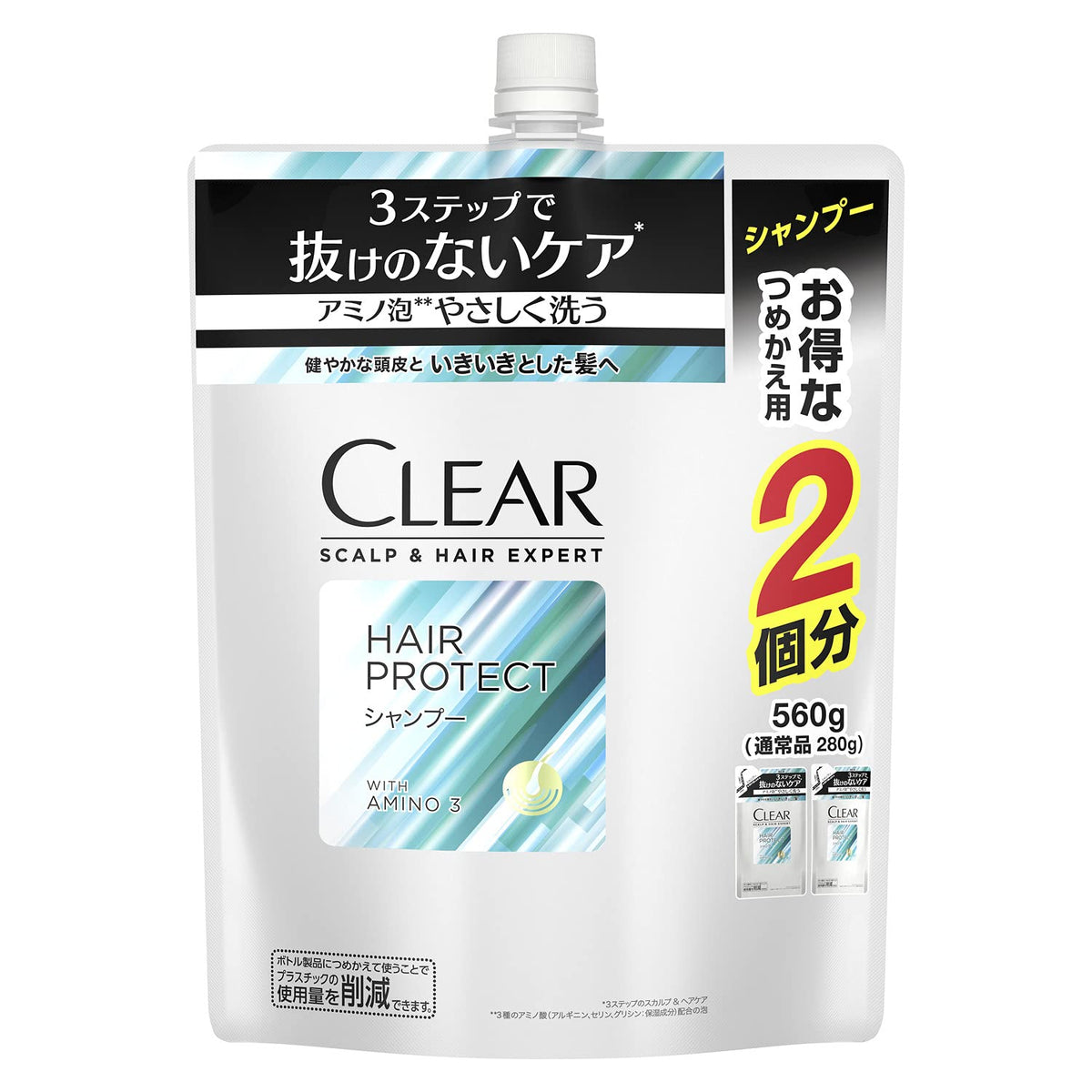 Clear Hair Protect Men's Scalp Shampoo Refill 560 g, Amino Foam Shampoo with 3 Amino Acids and Apple Fruit Cell Culture Extract, Green Floral Scent