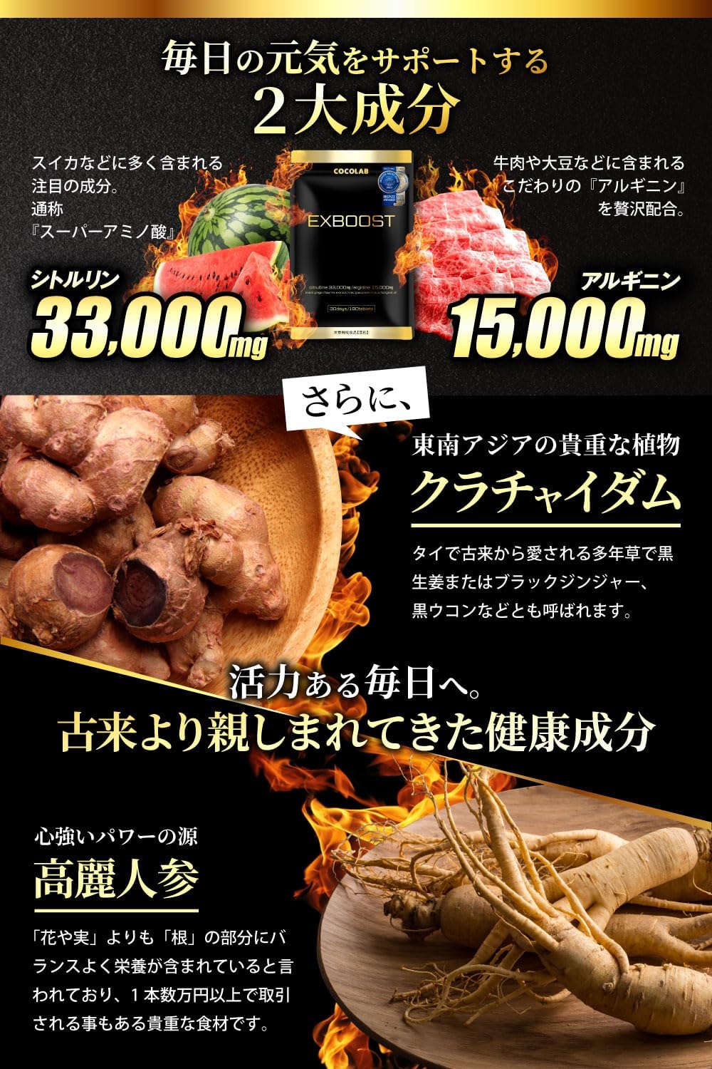 COCOLAB EXBOOST Ginger Supplement, Citrulline, Arginine, Carefully Selected Ingredients, Zinc, Made in Japan, Contains 9 Ingredients, 30 Day Supply