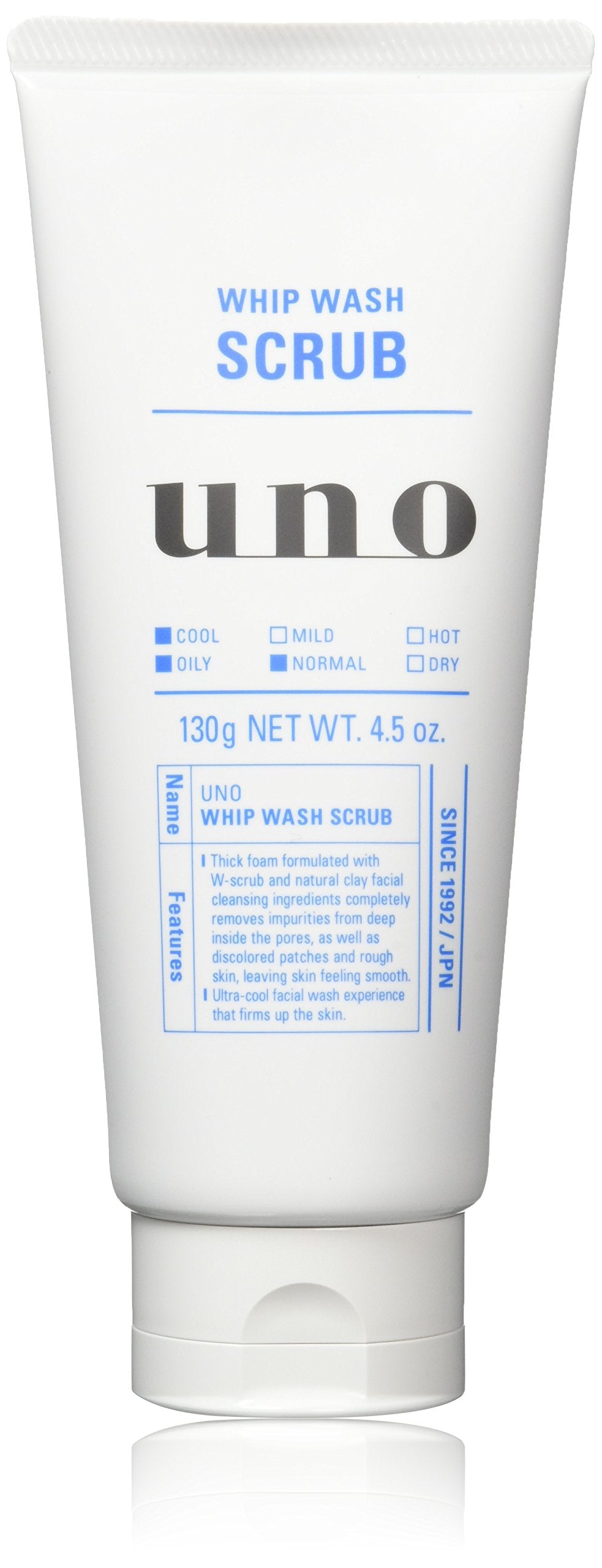 Uno Whip Wash Scrub, Double-Scrub Dense Foam Face Wash with Natural Clay and Menthol, Citrus Green Scent, 130 g