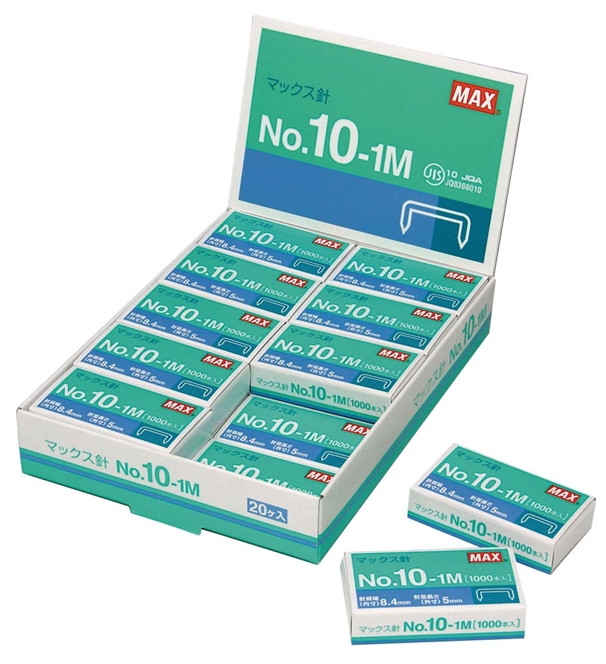 MAX Staples No.10-1M for Handy Staplers, Size 10, 8.4 mm Wide with 5 mm Legs, 1000 Staples per Box, 10 or 20 Boxes, Made in Japan
