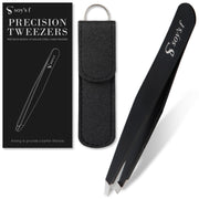 Precision Slant-Tip Tweezers, Stainless Steel Hair Tweezers for Brows, Fine Hair and Beard with Case, Black or Silver