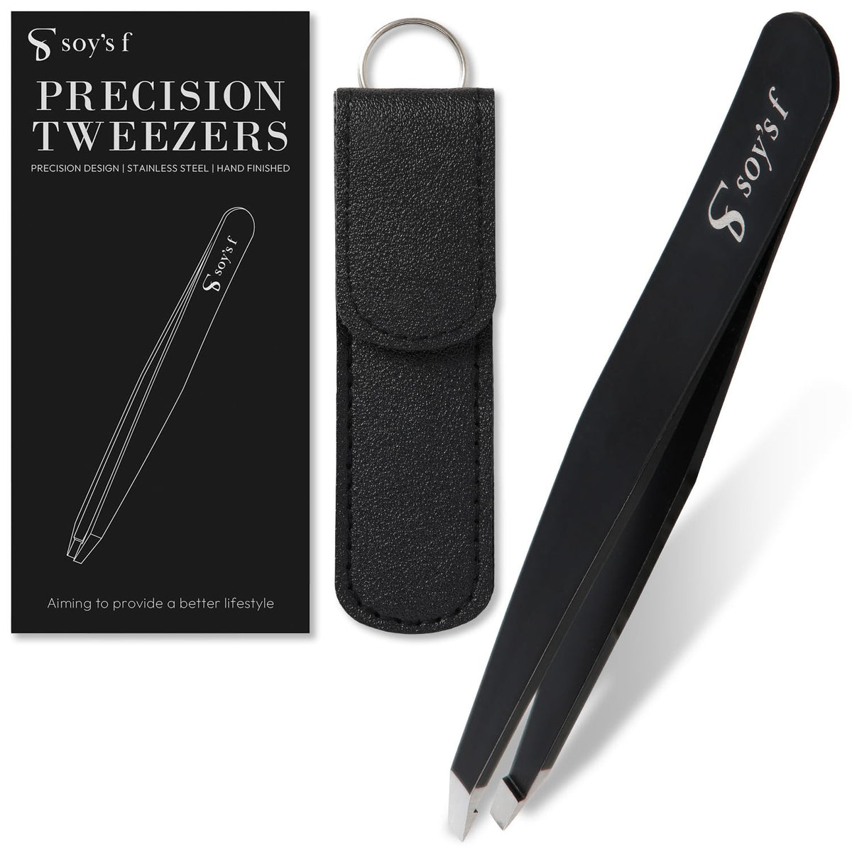Precision Slant-Tip Tweezers, Stainless Steel Hair Tweezers for Brows, Fine Hair and Beard with Case, Black or Silver
