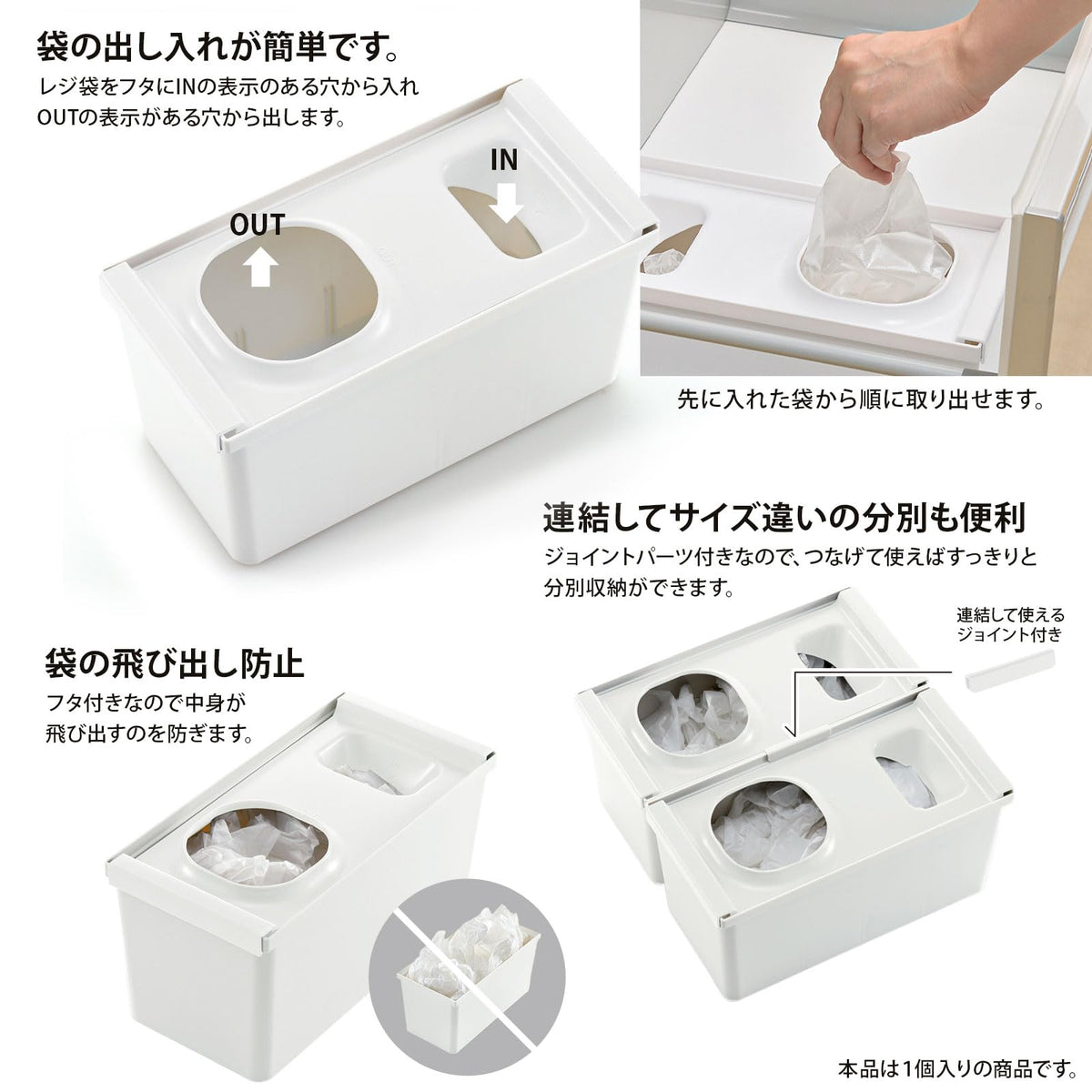 Richell Totono Drawer Plastic Bag Storage Box R, Polypropylene Box that Stores Shop Bags Unfolded, 28.5 x 14 x 14 cm and 350 g, Made in Japan, White