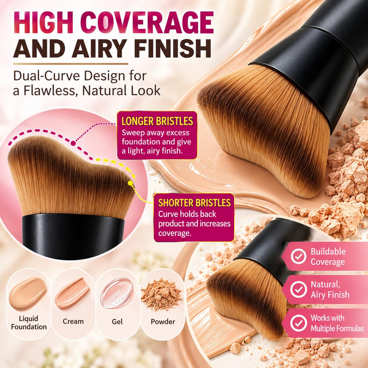 Kabuki Foundation Brush, Dual-Curve or House Shape, Dense Soft Nylon Bristles and Wood Handle for Liquid, Cream and Cushion Foundation