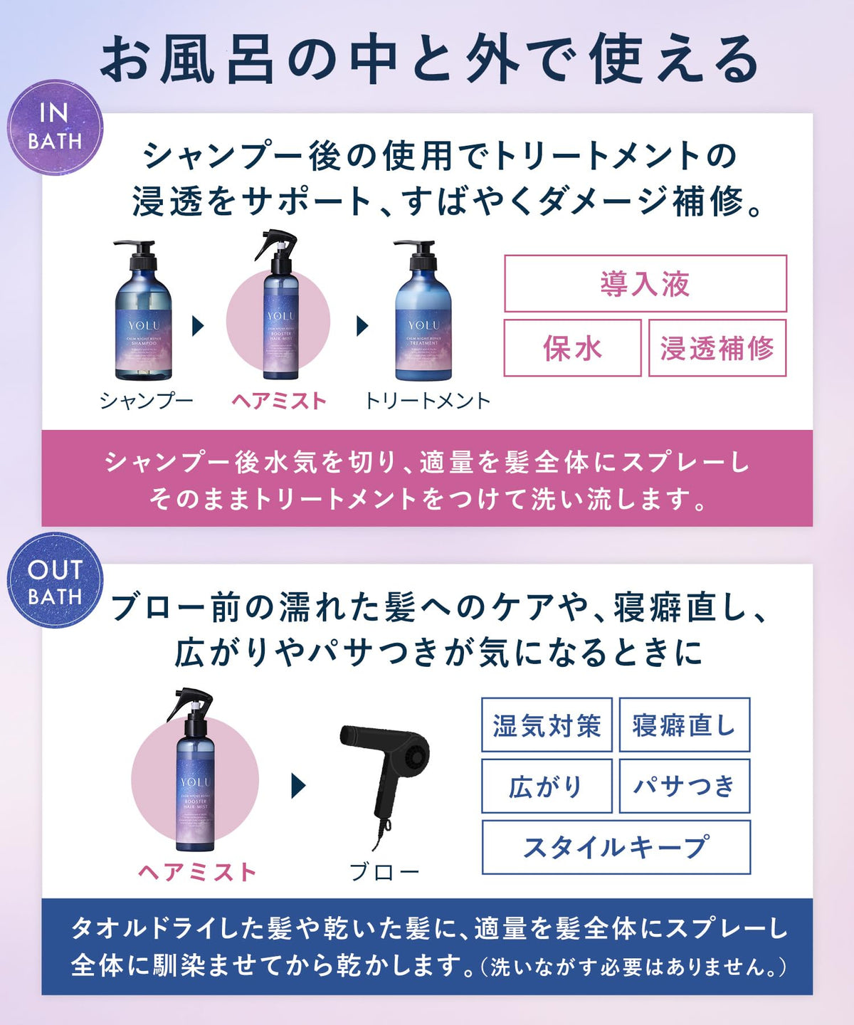 YOLU Calm Night Repair Booster Hair Mist, 185 mL Two-Way Leave-In and In-Bath Hair Mist with Night Cap Serum, Jasmine and Tuberose Scent, Made in Japan