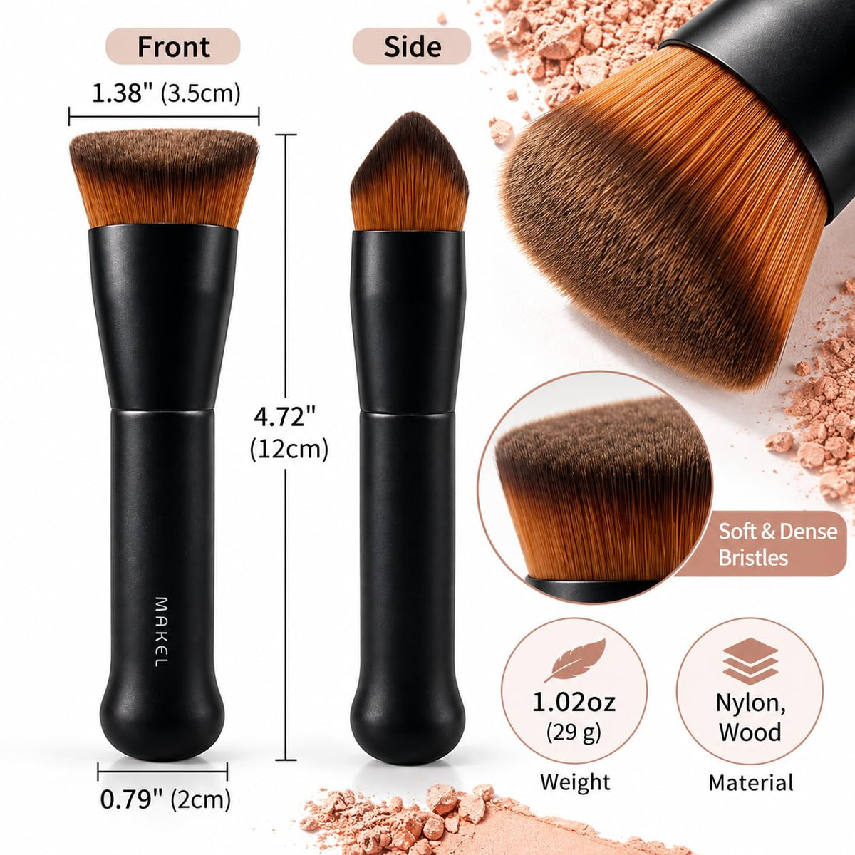 Kabuki Foundation Brush, Dual-Curve or House Shape, Dense Soft Nylon Bristles and Wood Handle for Liquid, Cream and Cushion Foundation