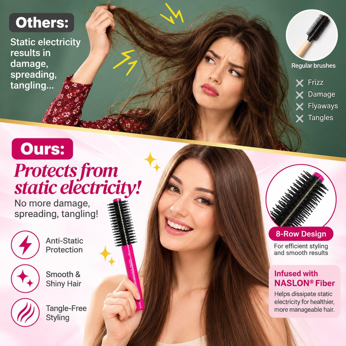 Anti-Static 8-Row Round Hair Brush with Nasron Fiber, Olive Oil and Silicone Blend Bristles, Pink, Made in Japan