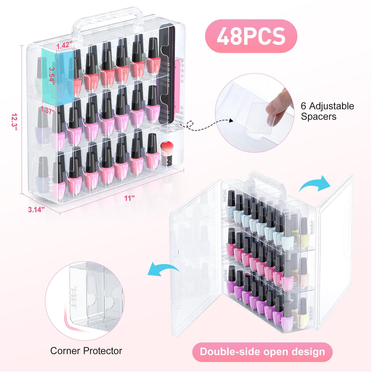 Beloving Clear Nail Polish Organizer for 48 Bottles, Double-Sided Portable Polish Storage Case with 6 Adjustable Spacers