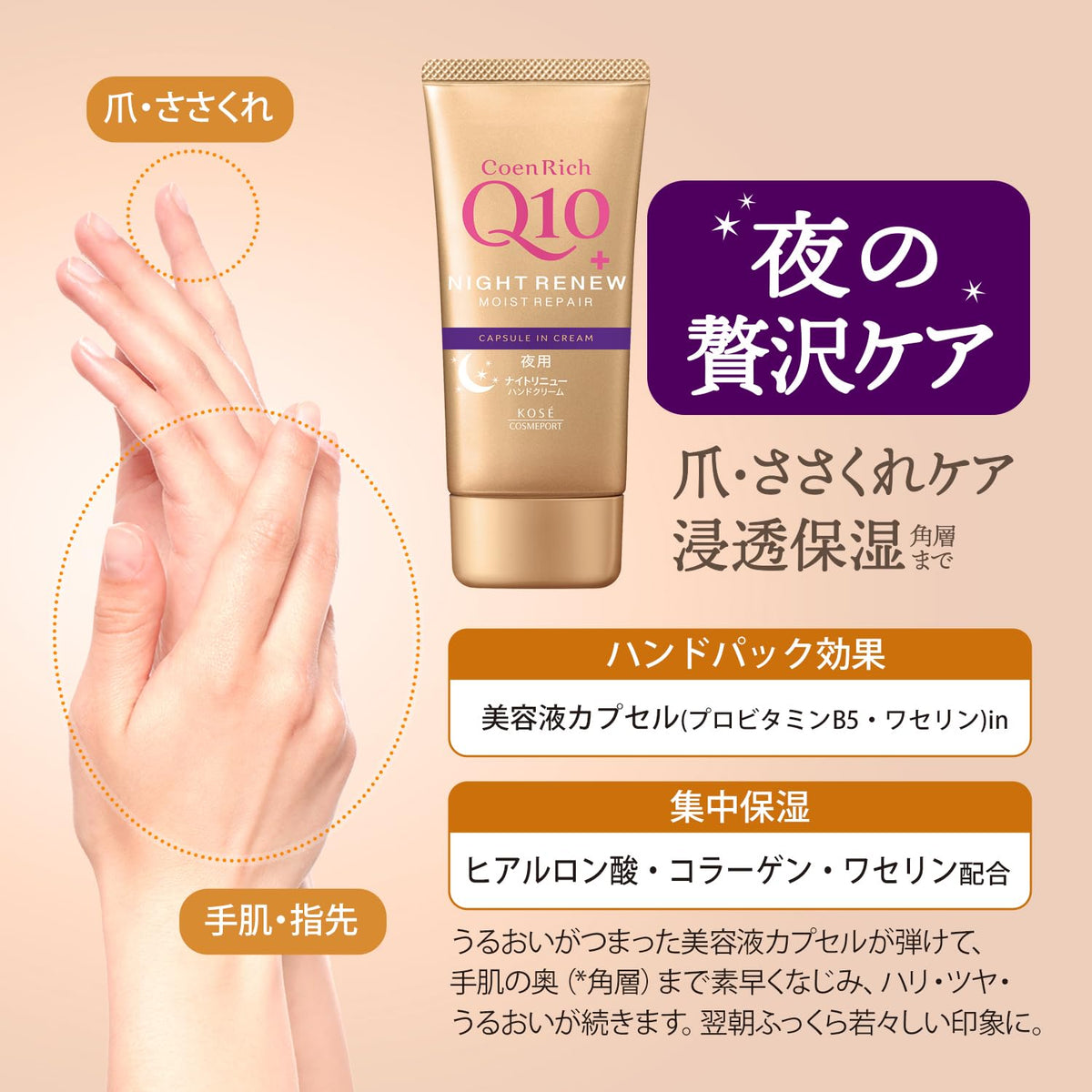 Coenrich Night Renew Hand Cream, Night-Time Coenzyme Q10 Hand Cream with Three Oils and Fruity Floral Scent, 80 g