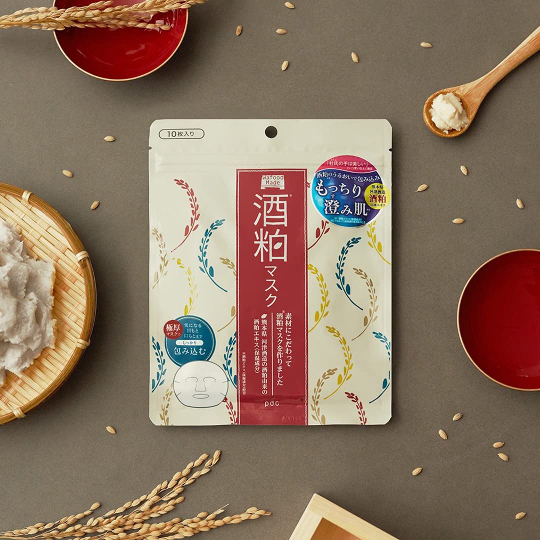 Wafood Made Sake Lees Sheet Mask with Kumamoto Sake Lees Extract, Extra-Thick Moisturizing Face Mask, 10 Masks