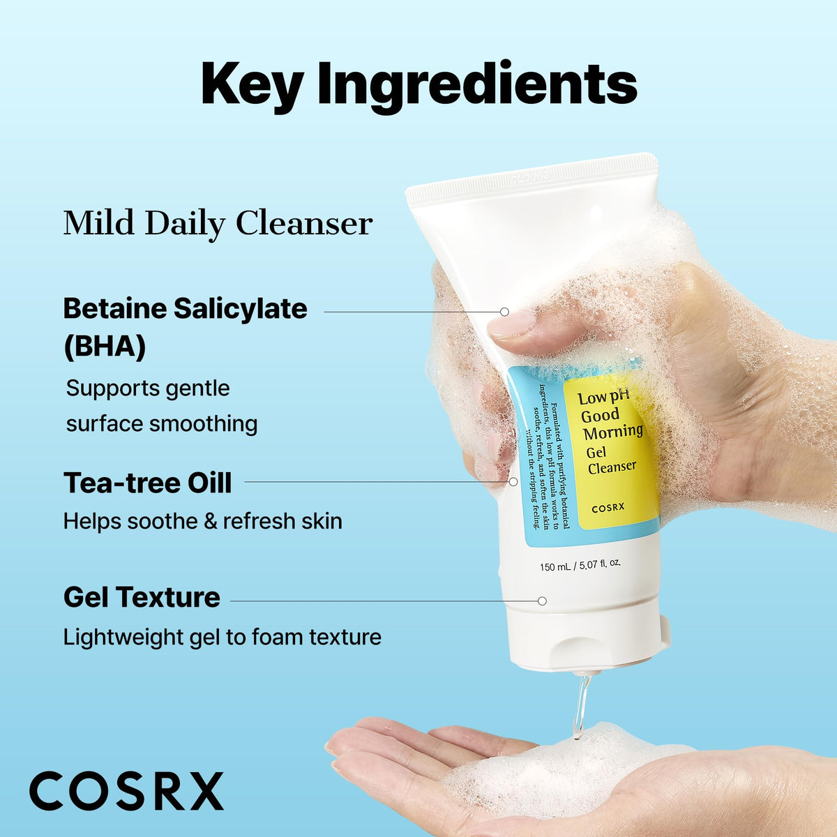 COSRX Low pH Good Morning Gel Cleanser, Gentle Daily Face Wash with BHA and Tea Tree Oil, 150 mL