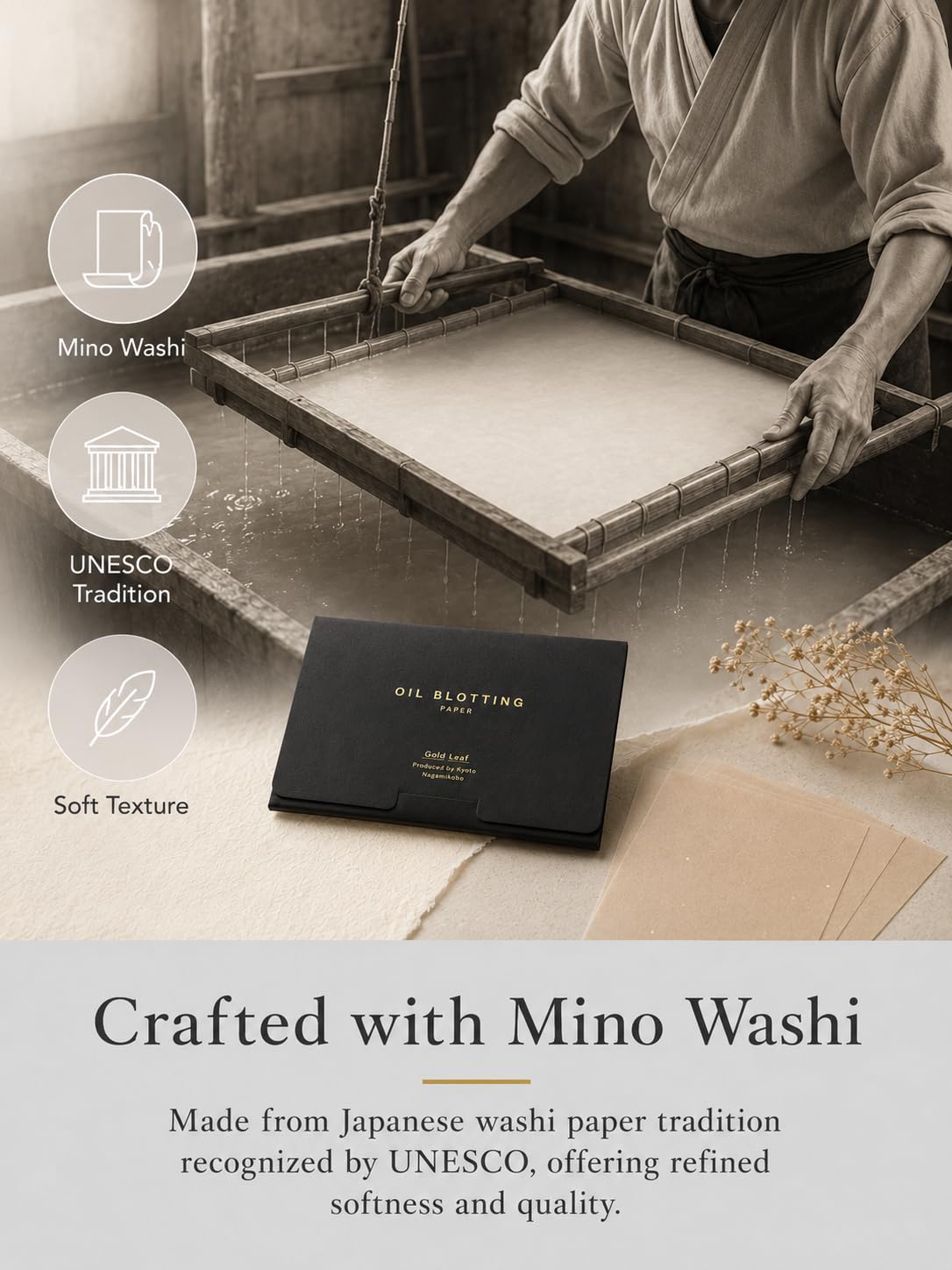 Gold Leaf Style Japanese Oil Blotting Paper, 100 Sheets in a Black and Gold Box, Mino Washi, Made in Japan