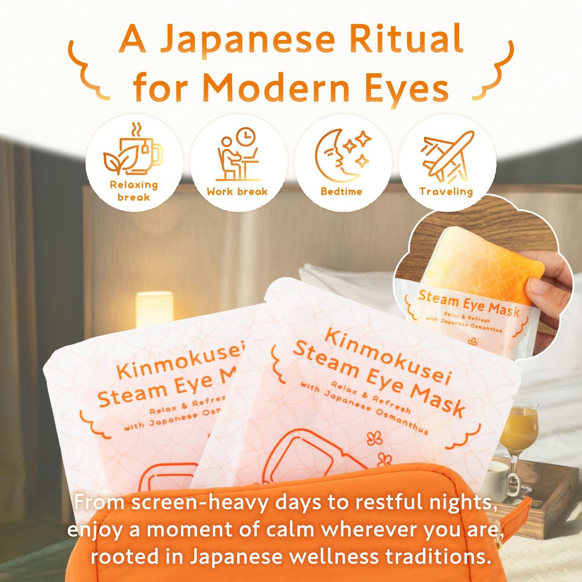 Hibino Kinmokusei Steam Eye Mask, Self-Heating Warm Eye Masks with Osmanthus Scent, Disposable, 22 Individually Wrapped Masks