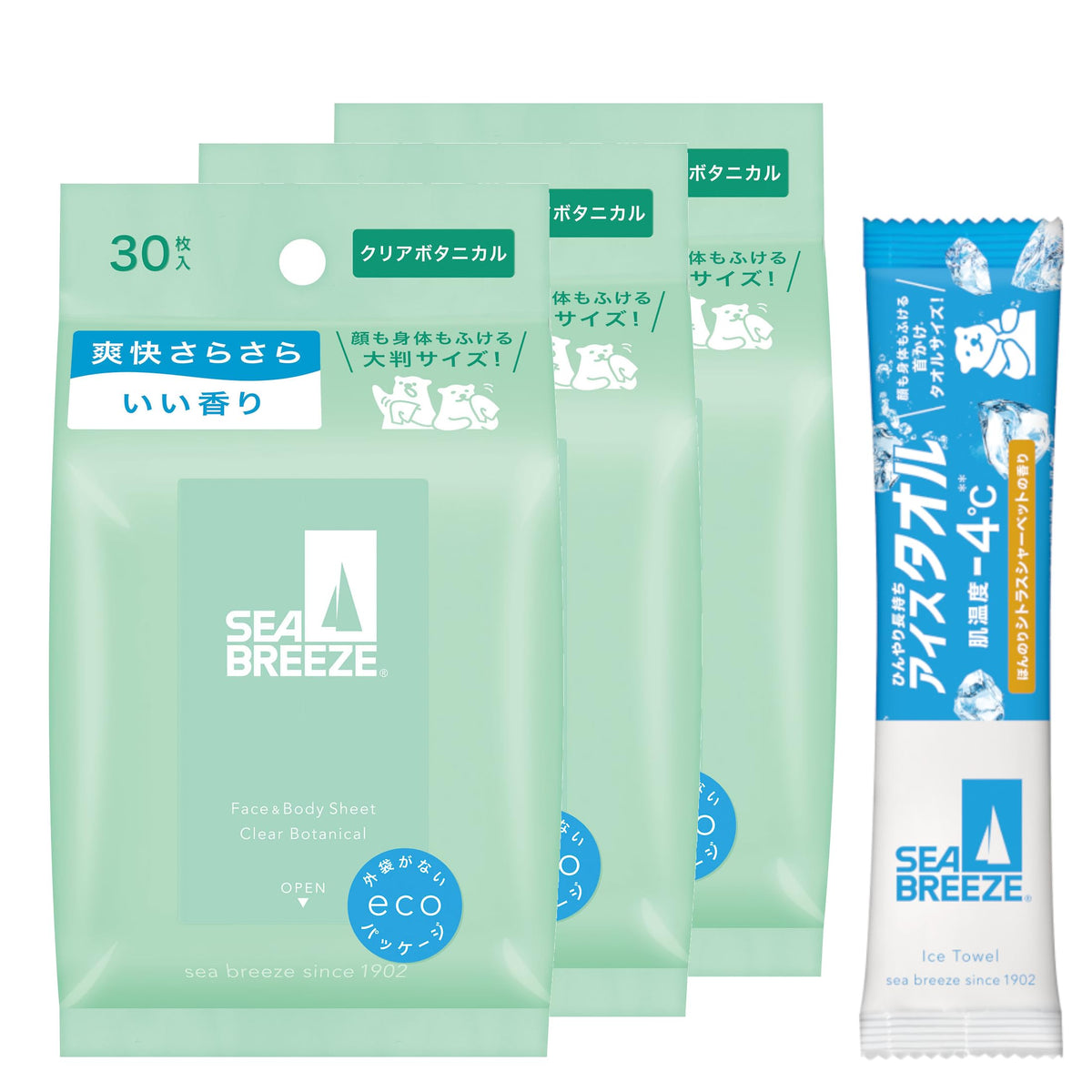 Sea Breeze Face and Body Wipe Sheets, Ice Type or Regular, 30 Sheets x 3 Set + Sample, 7 Scents