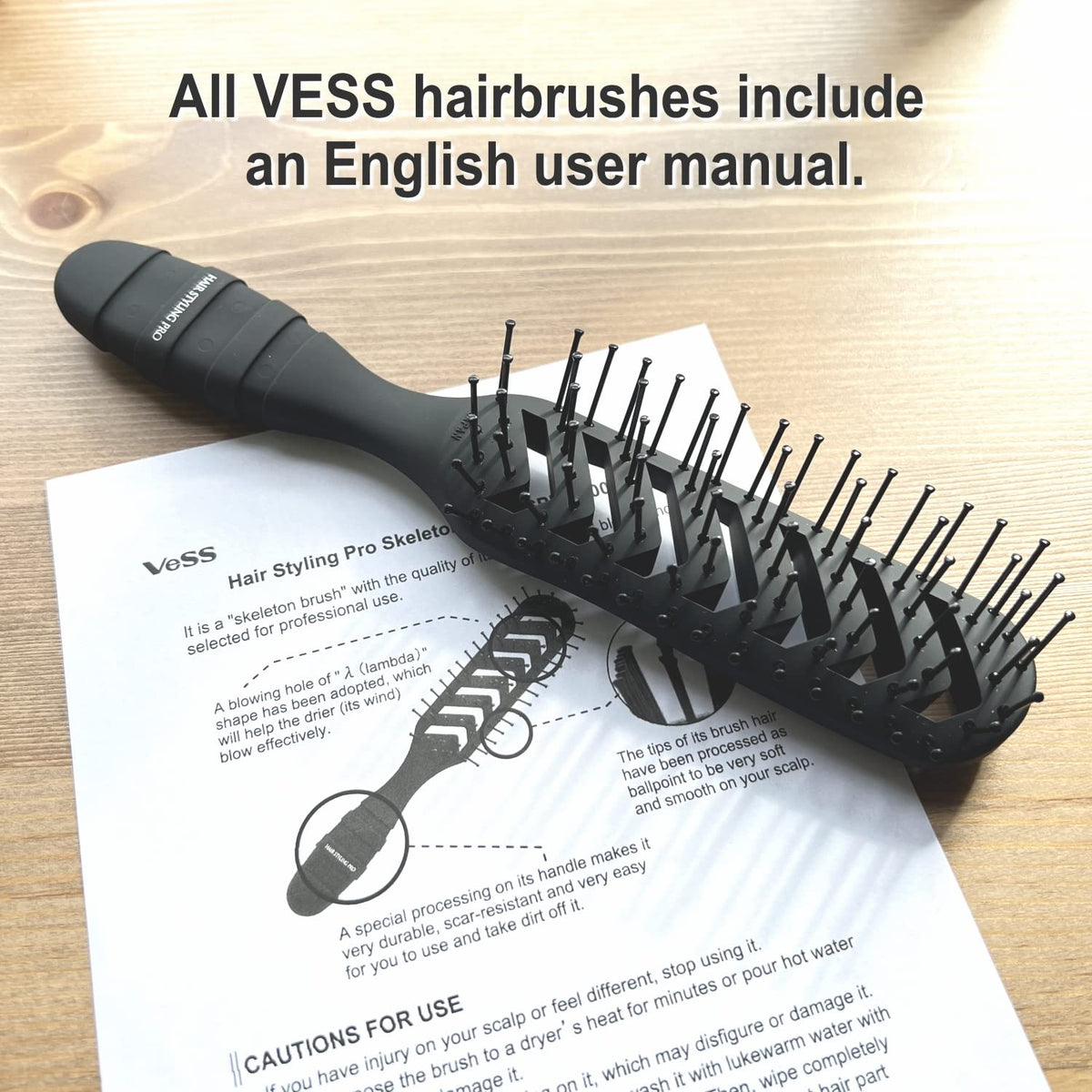 VESS Hair Styling Pro Skeleton Brush SPR-1200, 7-Row Nylon Vent Brush with Lambda Blow Holes, Matte Black, Made in Japan