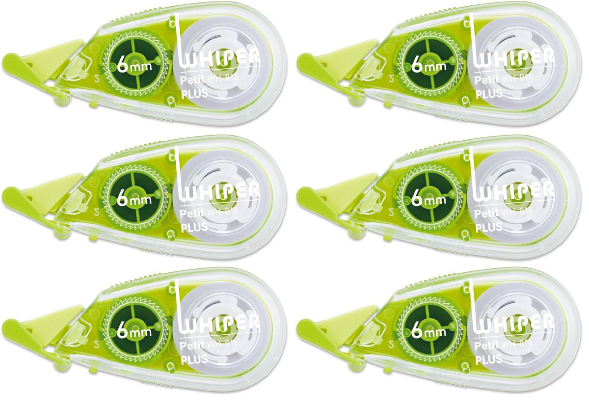 PLUS Whiper Petit Correction Tape 4, 5 or 6 mm x 6 m, Disposable with One-Touch Cap and Press-Fit Head, 58 x 15 x 26 mm Each, Blue, Green or Pink, Packs of 3 to 15