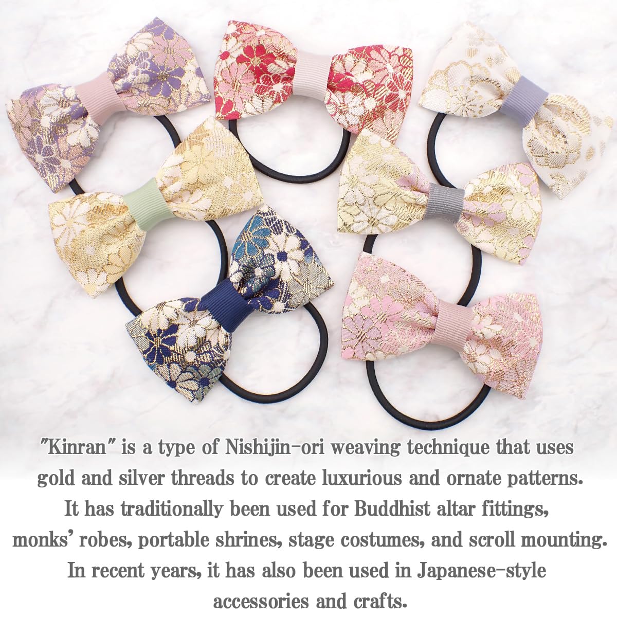 Nishijin-Ori Bow Hair Tie for Women, Made in Japan Kyoto Gold Brocade Floral Two-Tone Elastic Hair Band