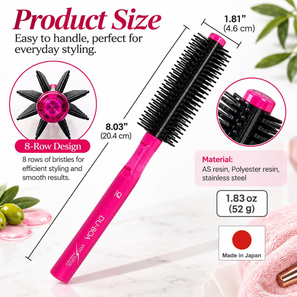 Anti-Static 8-Row Round Hair Brush with Nasron Fiber, Olive Oil and Silicone Blend Bristles, Pink, Made in Japan