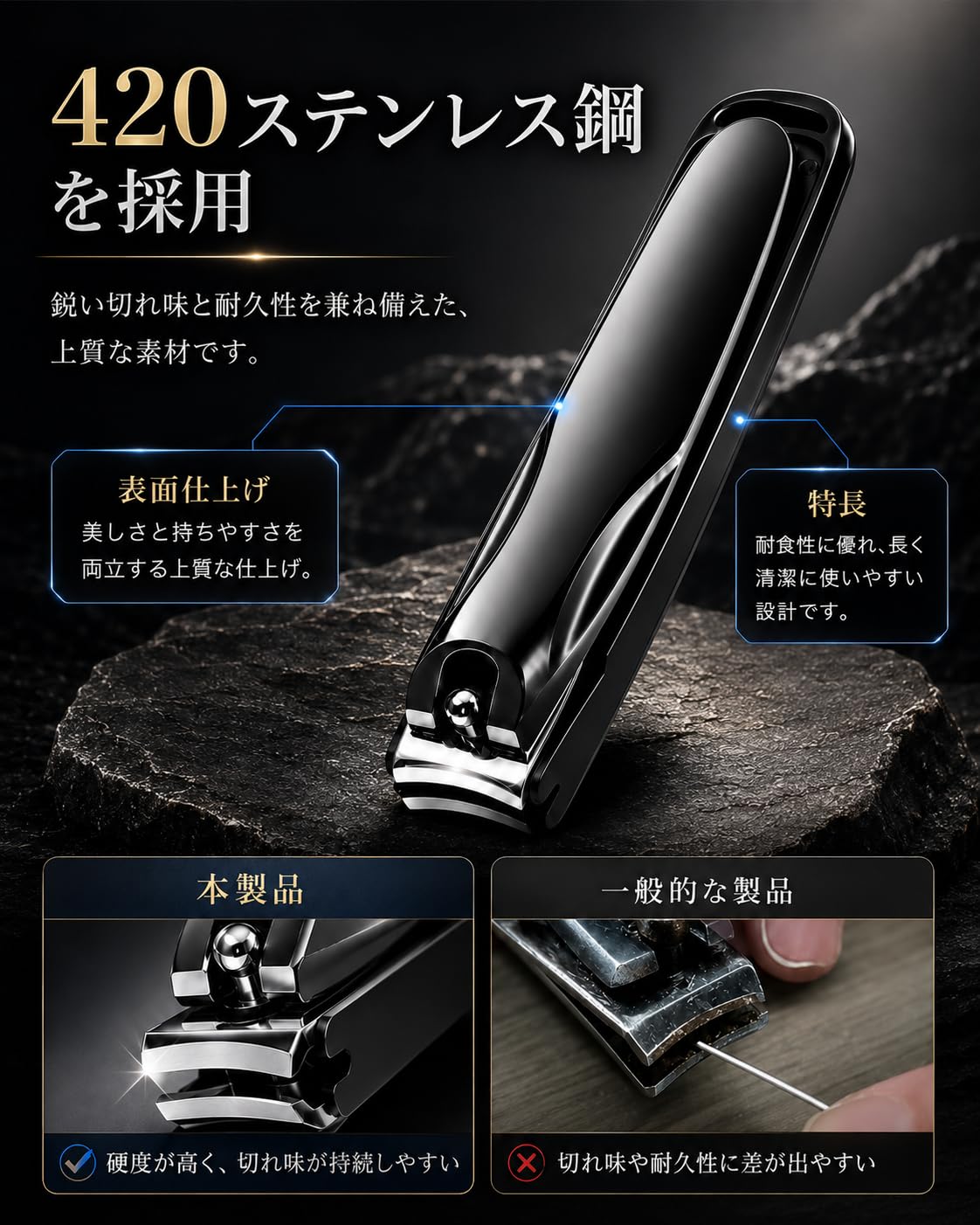 WFW Nail Clipper, Black Stainless Steel Nail Clippers with Curved Blade, Splatter Guard and Built-in File for Hands and Feet