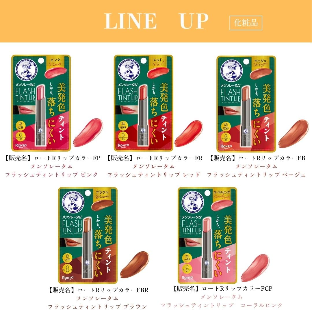 Mentholatum Flash Tint Lip, Water-Tint Tinted Lip Balm with 6 Oils, Fragrance-Free, SPF26 PA+++, 2 g in 5 Shades