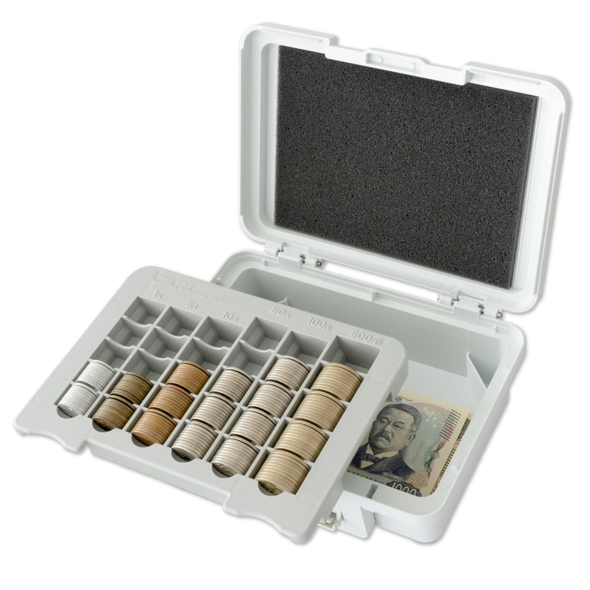 CARL Portable Cash Case CX-003, Plastic Coin and Banknote Box with Coin Tray and Mechanical Code Lock, Holds 50 of Each Coin and About 300 Notes, 201 x 150 x 73 mm and 370 g, White, Light Green or Pink, Made in Japan