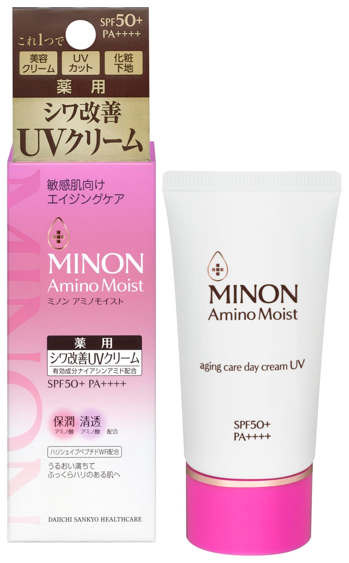 Minon Amino Moist Aging Care Day Cream UV 30 g, Medicated SPF50+ PA++++ Sunscreen Makeup Base for Sensitive Skin, Pink Beige Tint, Fragrance-Free