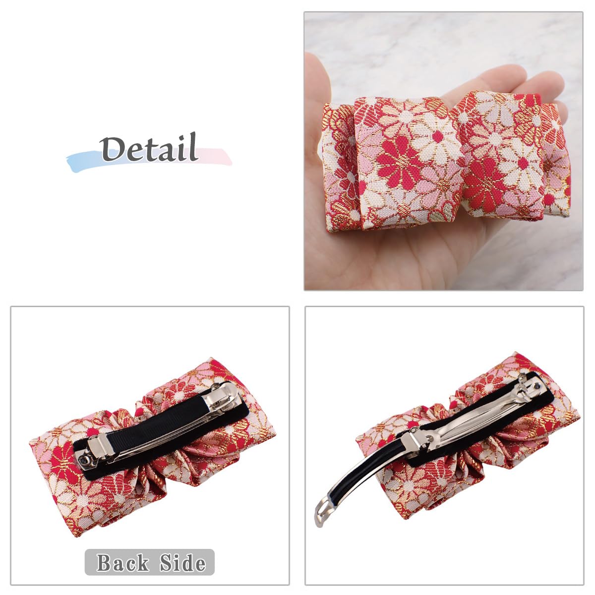 Nishijin-Ori Ribbon Hair Barrette for Women, Made in Japan Kyoto Gold Brocade Floral Bow Hair Clip