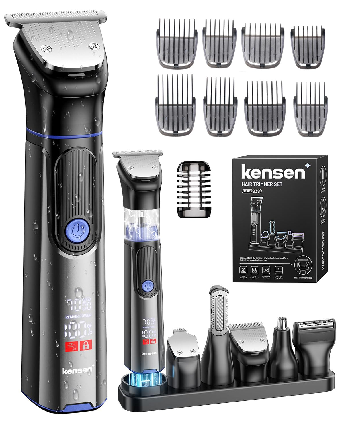 kensen Body Shaver and Grooming Set jk-889, Six-Head Waterproof USB-C Trimmer with LED Display, Guide Combs 3 to 15 mm and Charging Stand, Black