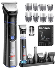 kensen Body Shaver and Grooming Set jk-889, Six-Head Waterproof USB-C Trimmer with LED Display, Guide Combs 3 to 15 mm and Charging Stand, Black