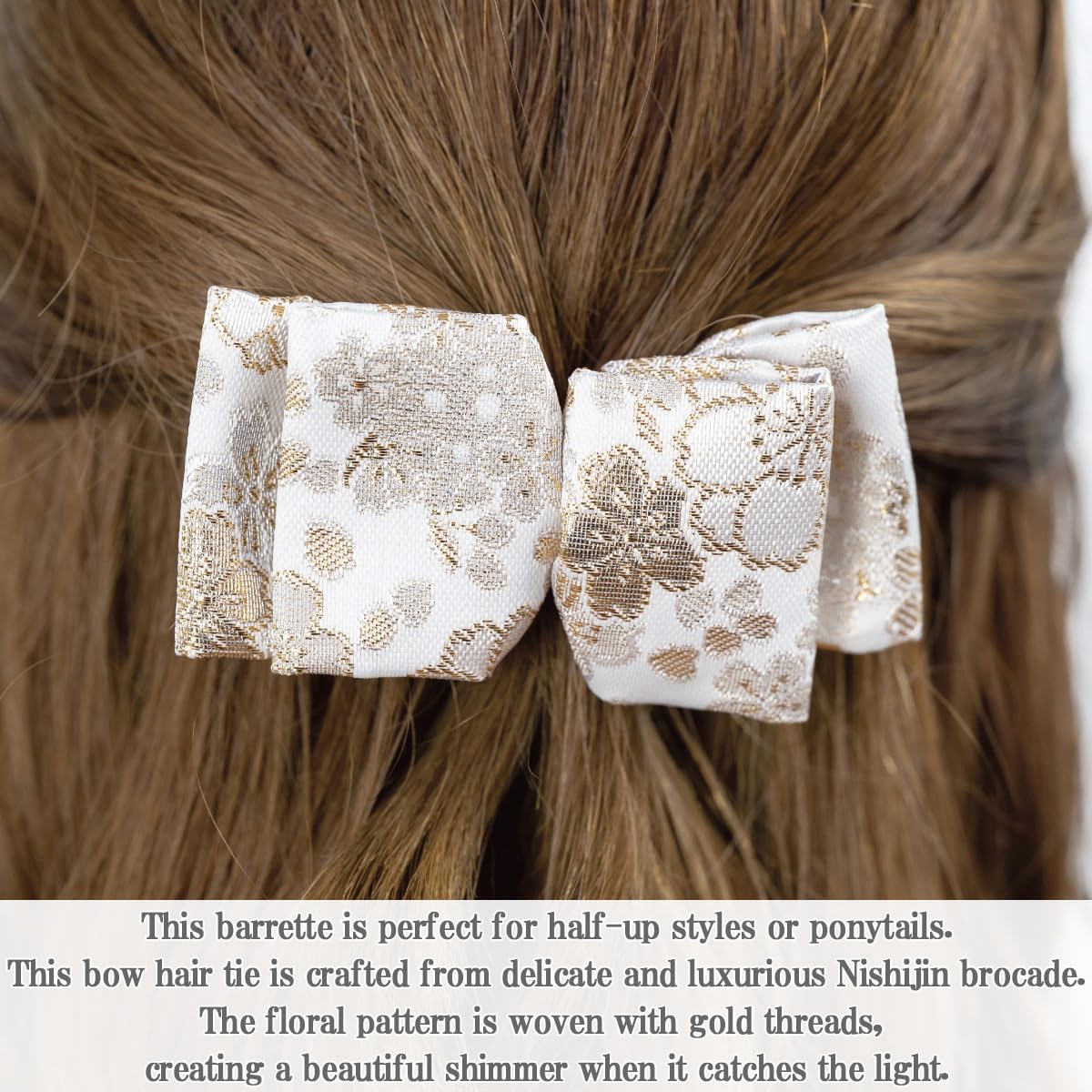 Nishijin-Ori Ribbon Hair Barrette for Women, Made in Japan Kyoto Gold Brocade Floral Bow Hair Clip