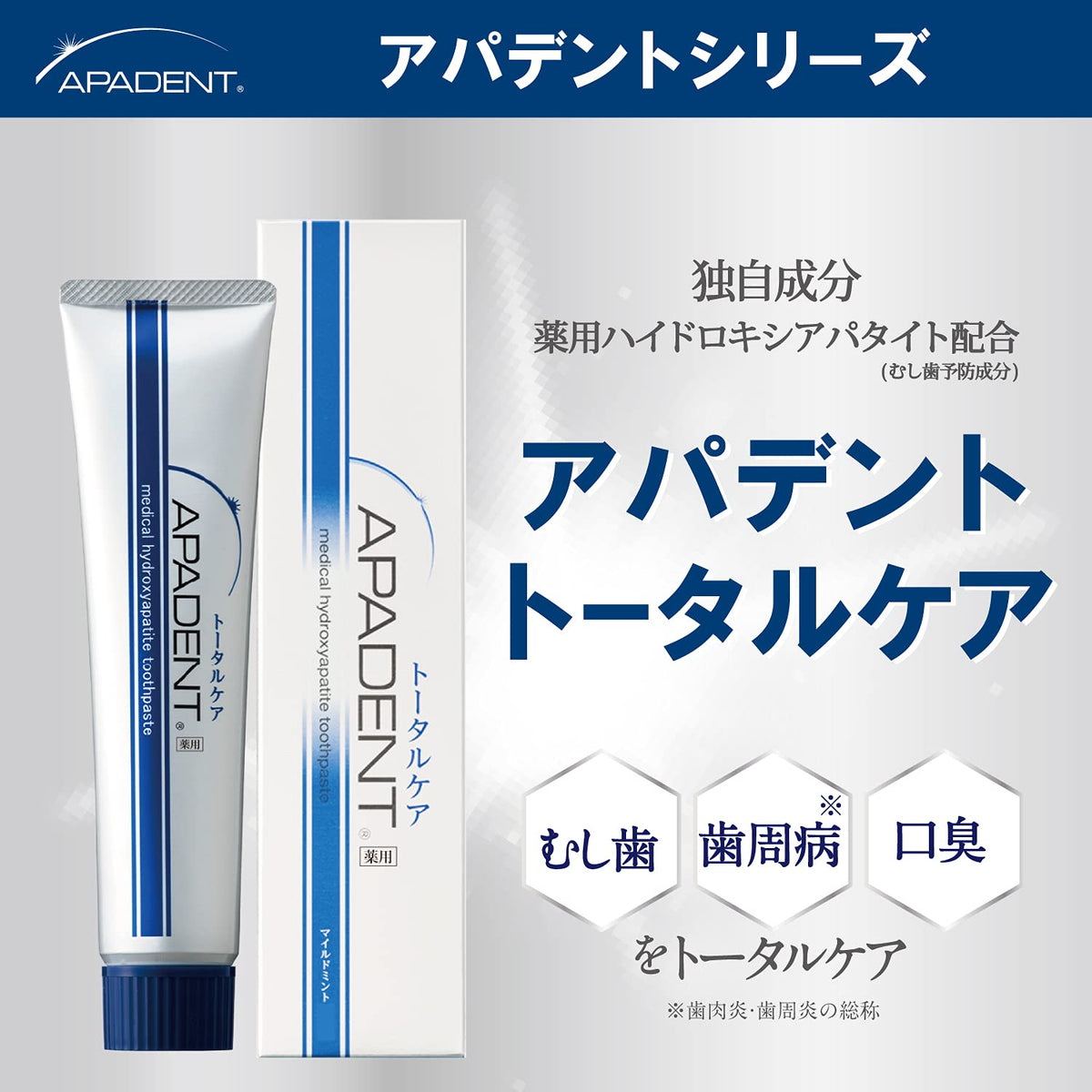 Apadent Total Care Medicated Hydroxyapatite Toothpaste, Cavity, Gum Disease and Bad Breath Prevention, Whitening, Mild Mint, 60 g
