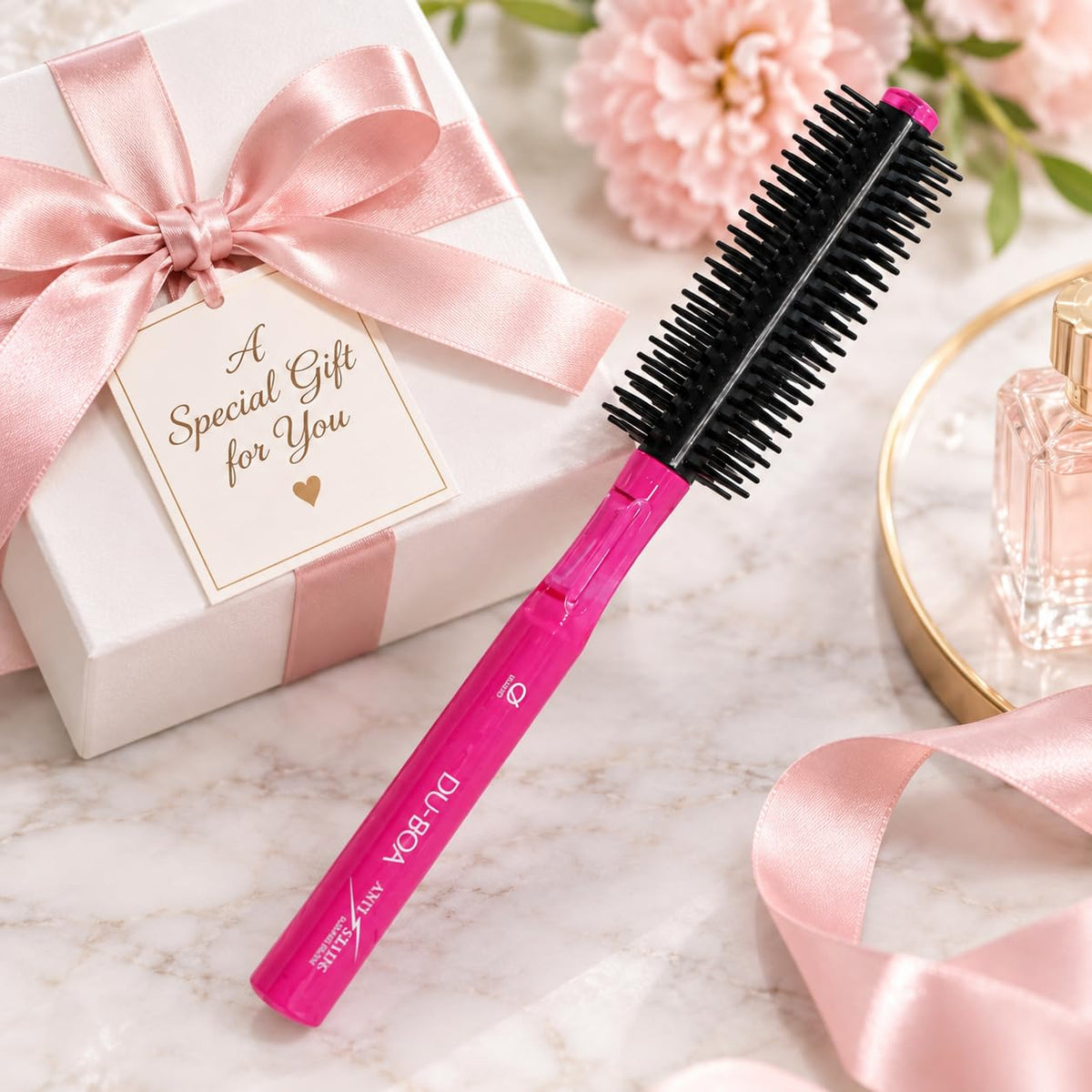 Anti-Static 8-Row Round Hair Brush with Nasron Fiber, Olive Oil and Silicone Blend Bristles, Pink, Made in Japan