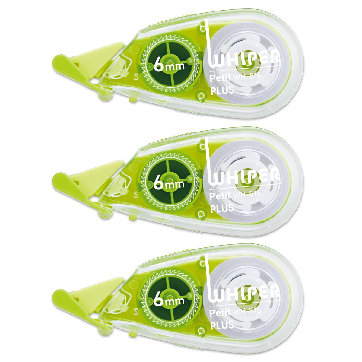 PLUS Whiper Petit Correction Tape 4, 5 or 6 mm x 6 m, Disposable with One-Touch Cap and Press-Fit Head, 58 x 15 x 26 mm Each, Blue, Green or Pink, Packs of 3 to 15