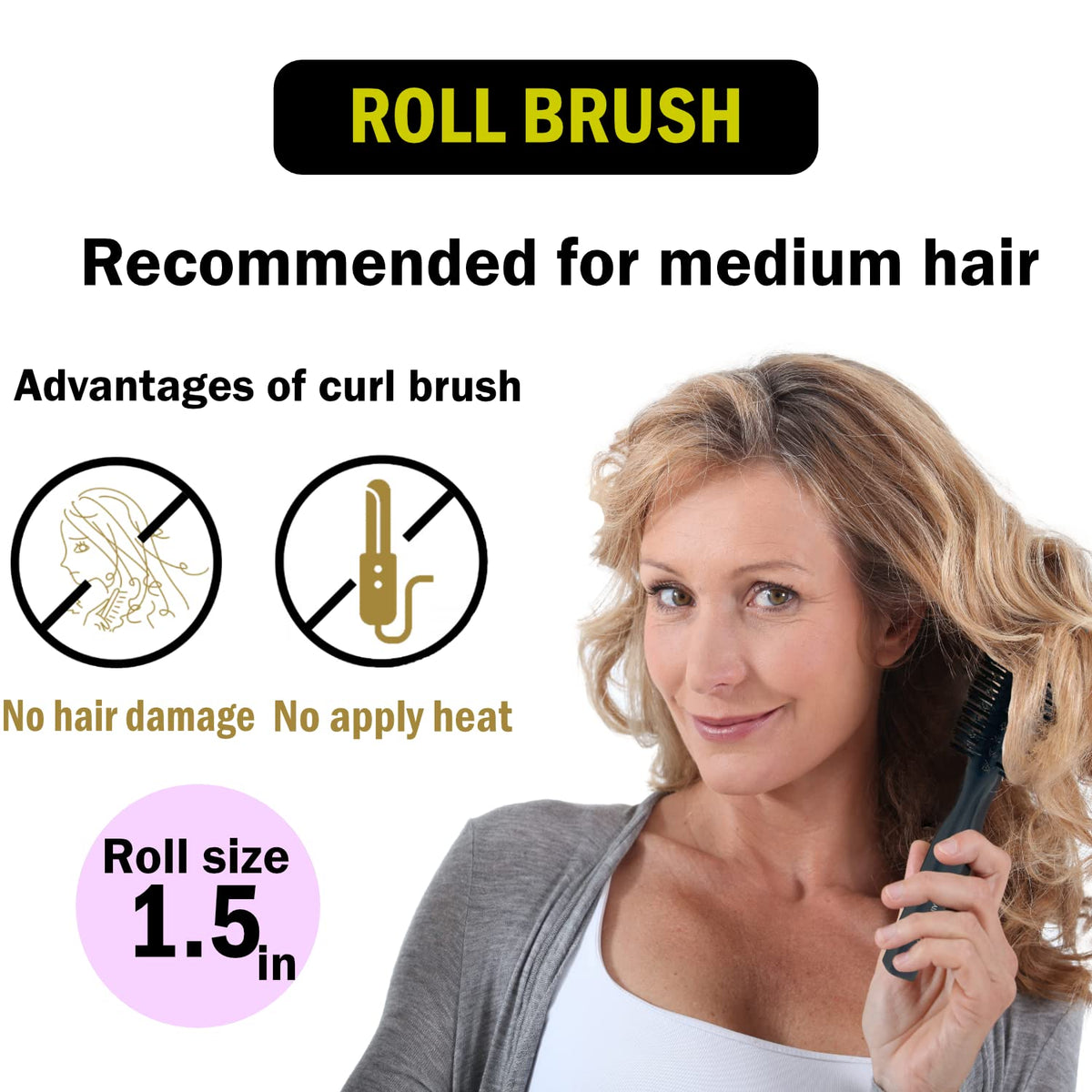 VESS Hair Styling Pro Roll Brush SPR-2200, 40 mm 100% Pig Hair Round Brush with Square Handle, Matte Black, Made in Japan