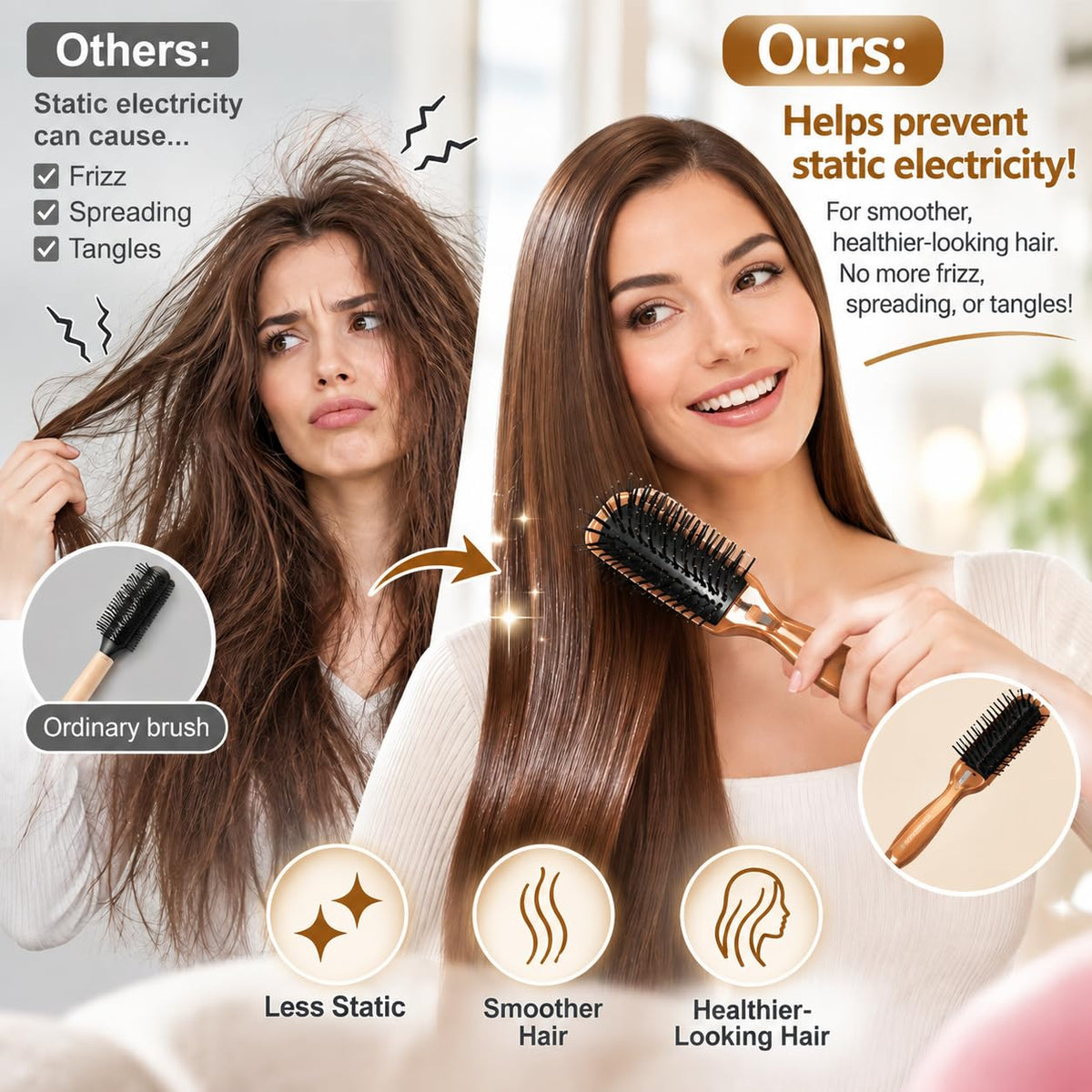 Anti-Static 7-Row Curly Hair Brush with Electric Ground Plate and Nasron Fiber, Gold or Pink, Made in Japan