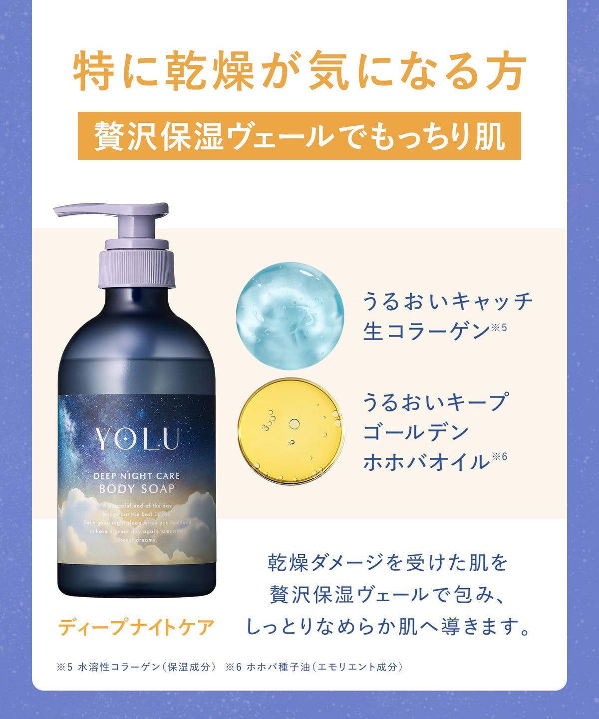 YOLU Deep Night Care Body Soap 500 mL Pump Bottle, Oil-in Moisturizing Body Wash with Raw Collagen and Golden Jojoba Oil for Dry Skin, Ylang-Ylang and Bergamot Scent