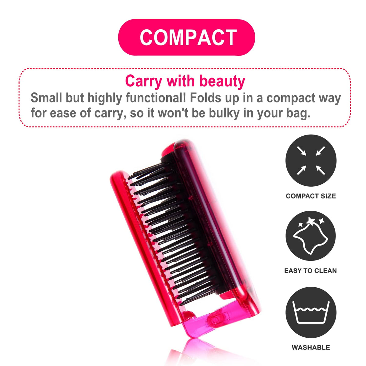 VESS Trinity Folding Anti-Static Hair Brush TY-780, Compact Travel Detangler, Pink