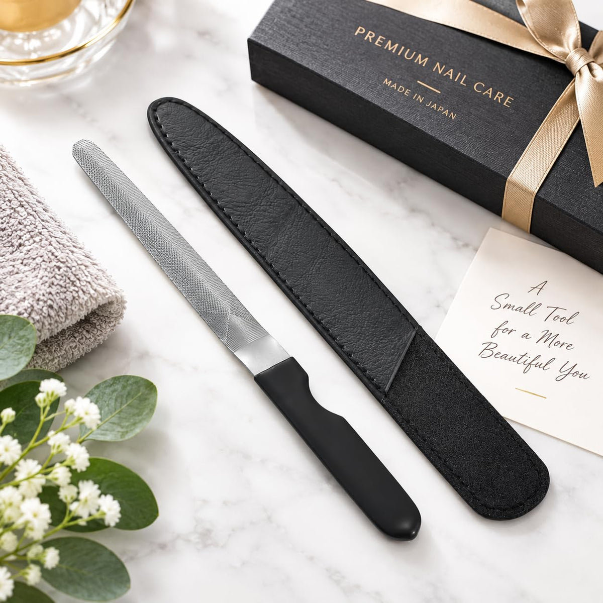 Curved Metal Nail File, Fine Grit Stainless Steel File Made in Tsubame, Japan, with Black Case, 13 cm