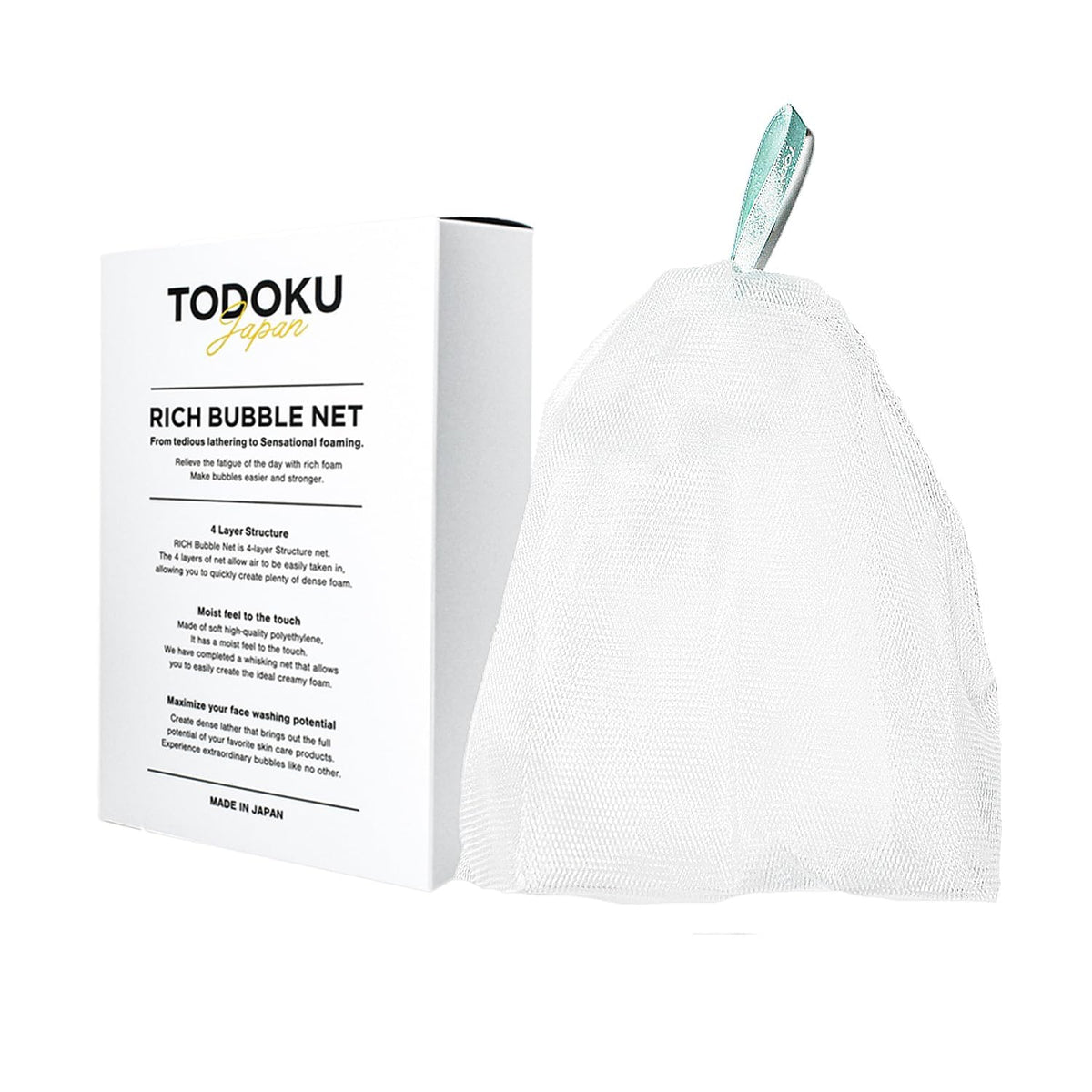 Rich Bubble Face Wash Soap Net, Four-Layer Mesh Marshmallow Whip Maker, Ribbon Loop in Turquoise, Black, Gold or Pink, Made in Japan